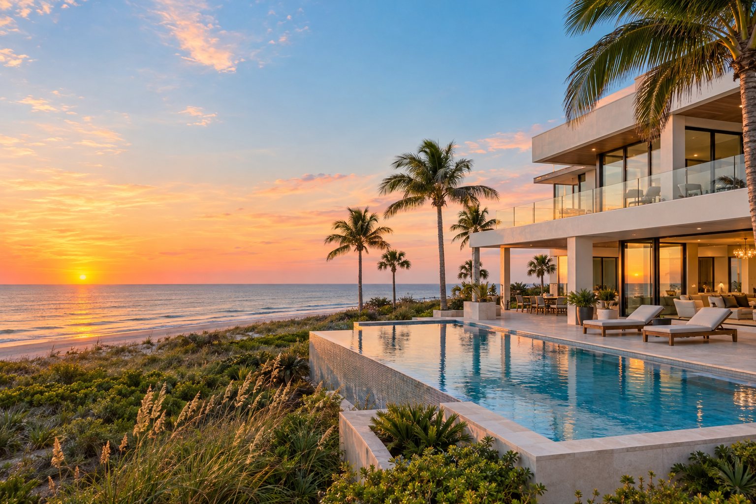 Luxury beachfront home with an infinity pool on South Padre Island at sunset