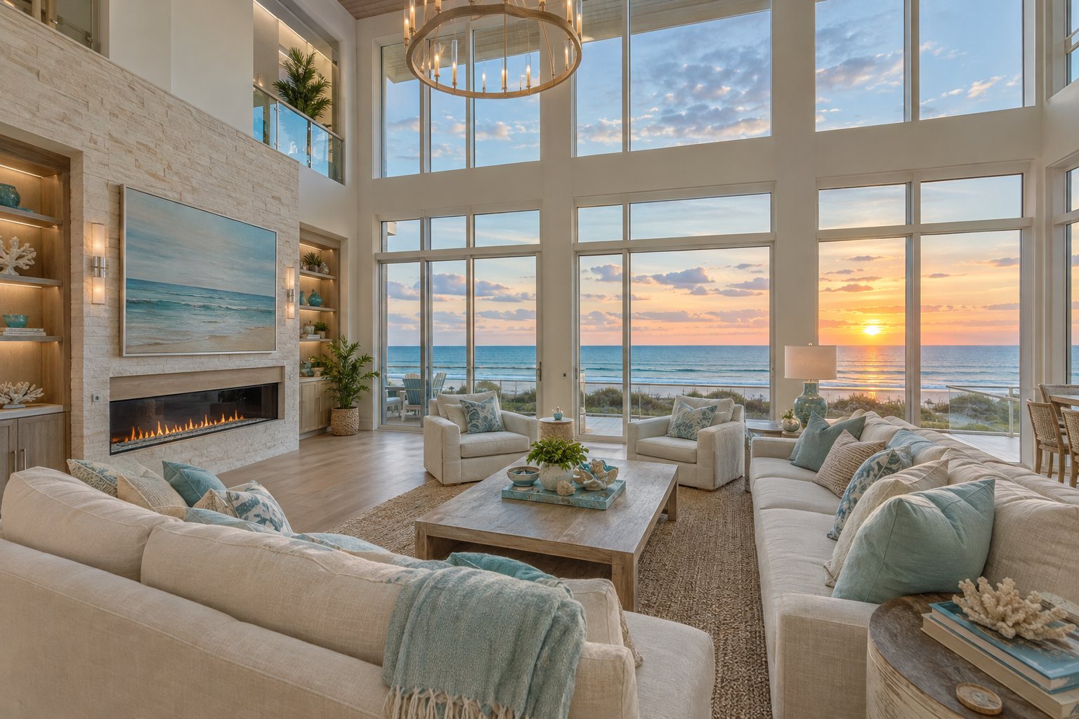 Coastal great room with floor-to-ceiling windows overlooking the Gulf at sunset