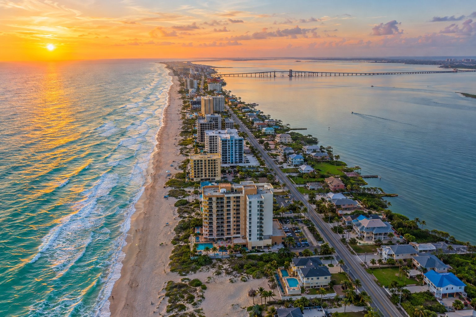 Aerial view of South Padre Island between the Gulf of Mexico and the Laguna Madre at sunset